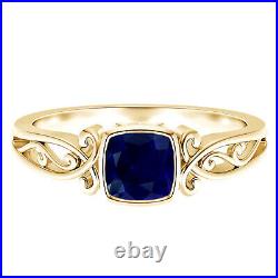 Vintage Style Cushion Natural Blue Sapphire Solitiare Ring 10k Yellow Gold