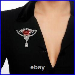 Vintage Style Elongated Red Cushion Cut Brooch Blue & White CZ Drop 925 Silver