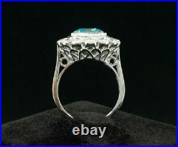 Vintage Style Emerald Shape Blue Aquamarine & White Gemstone Women's Ring In 935