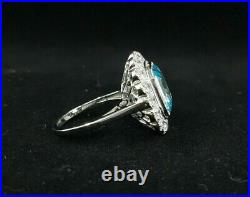 Vintage Style Emerald Shape Blue Aquamarine & White Gemstone Women's Ring In 935