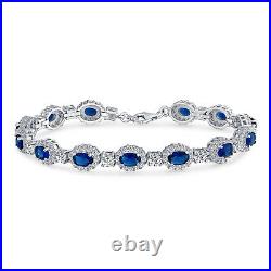 Vintage Style Halo Oval Blue CZ Imitation Sapphire Bracelet. 925 Silver