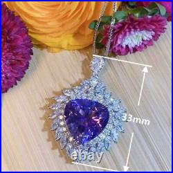 Vintage Style Heart Blue CZ Gemstone Pendant Necklace Women 14K Solid White Gold