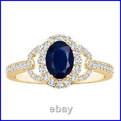 Vintage Style Oval Blue Sapphire Gemstone Halo Women Ring in 10k Yellow Gold