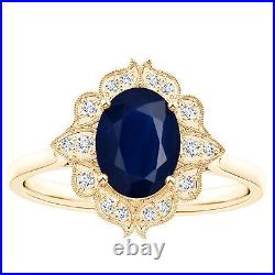 Vintage Style Oval Blue Sapphire Women Ring with Floral Halo 10k Yellow Gold