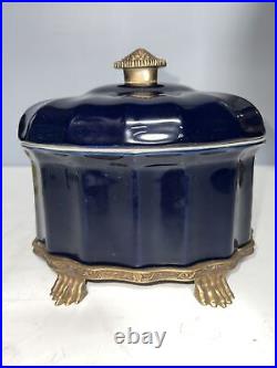 Vintage Style Porcelain Candy Box Mono Blue Brass Ormolu Accents