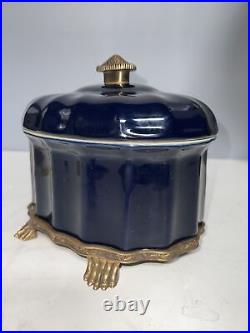 Vintage Style Porcelain Candy Box Mono Blue Brass Ormolu Accents