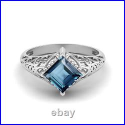 Vintage Style Ring Square London Blue Topaz 10k White Gold Women Wedding Ring