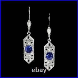 Vintage Style Sapphire Diamond Drop Earrings Art Deco Dangle Blue White Gold