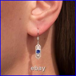 Vintage Style Sapphire Diamond Drop Earrings Art Deco Dangle Blue White Gold