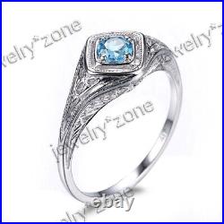 Vintage Style Solid 10k White Gold 4mm Round Swiss Blue Topaz Engagement Ring