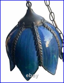 Vintage Tiffany Style Pale Cobalt Blue Glass Tulip Lamp Shade Pendant Corded