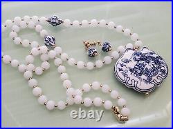 Vintage Trifari Ming Style Blue Dragon Porcelain & Glass Necklace Set