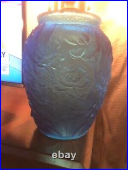 Vintage and Rare Lalique Style Blue Raised floral Glass Vase 11 x 8