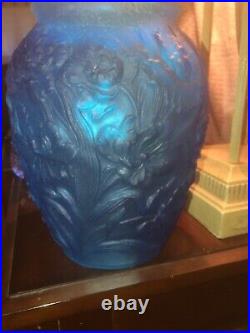 Vintage and Rare Lalique Style Blue Raised floral Glass Vase 11 x 8