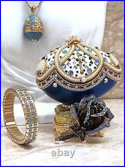 Vintage style Faberge egg Blue Rose Imperial Royal Musical Jewelry box SET 5ct