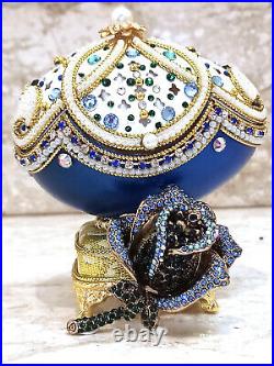 Vintage style Faberge egg Blue Rose Imperial Royal Musical Jewelry box SET 5ct