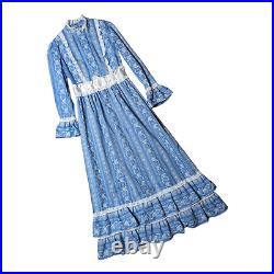 Vtg 1970s Blue Flocked Floral Long Sleeve Gunne Style Maxi Prairie Dress 4