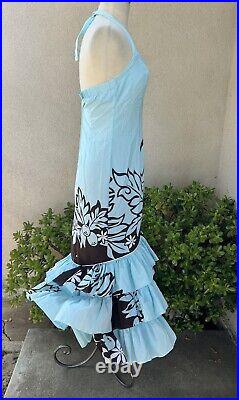 Vtg Hawaiian Luau Halter Dress Blues Ruffles XS T&L Muumuu Factory