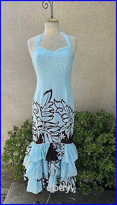 Vtg Hawaiian Luau Halter Dress Blues Ruffles XS T&L Muumuu Factory