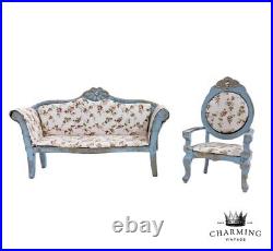 Vtg Victorian Style Blue Upholstered Sofa & Chair Dollhouse Mini Furniture 112