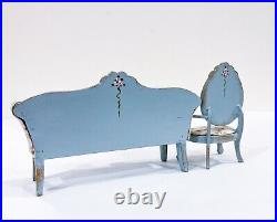 Vtg Victorian Style Blue Upholstered Sofa & Chair Dollhouse Mini Furniture 112