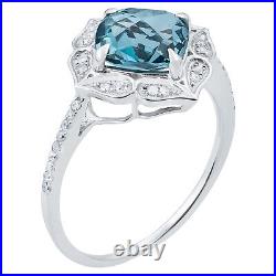 White Gold Vintage Style Genuine Cushion-cut Blue Topaz and Diamond Ring