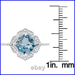 White Gold Vintage Style Genuine Cushion-cut Blue Topaz and Diamond Ring