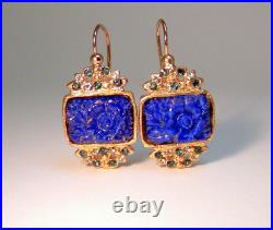 Women's Hanging Earrings Flowers Blue Lapis Lazuli Golden Vintage Style Bakelite